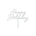 Cake Topper in acrilico scritta HAPPY BIRTHDAY argento glitter decorazione torte dolci 18x16,5cm