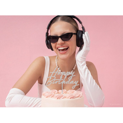 Cake Topper in acrilico scritta HAPPY BIRTHDAY argento glitter decorazione torte dolci 18x16,5cm