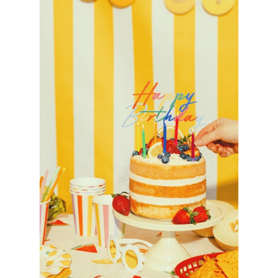 Cake Topper in acrilico scritta HAPPY BIRTHDAY multicolor decorazione torte dolci 18x16,5cm