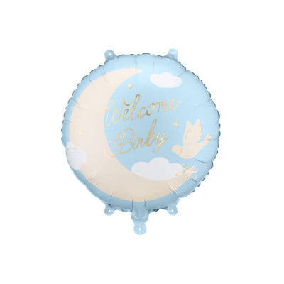 Pallone Benvenuto "WELCOM BABY" - Nascita Bimbo - stampa luna nuvole colomba - 45cm