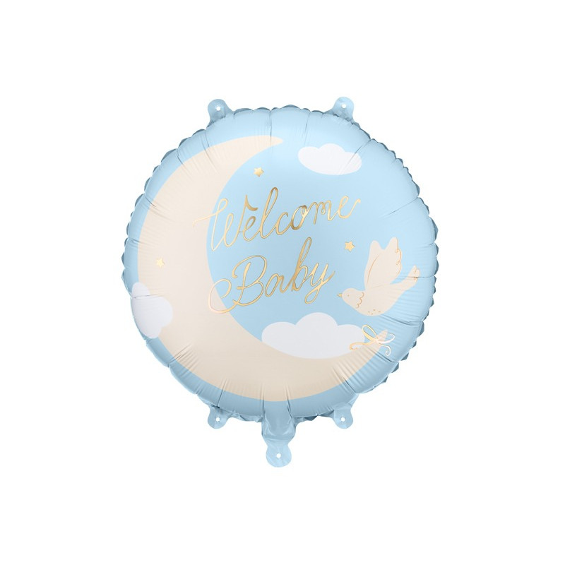 Pallone Benvenuto "WELCOM BABY" - Nascita Bimbo - stampa luna nuvole colomba - 45cm