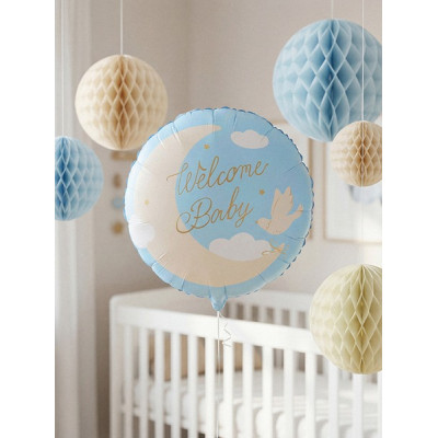 Pallone Benvenuto "WELCOM BABY" - Nascita Bimbo - stampa luna nuvole colomba - 45cm