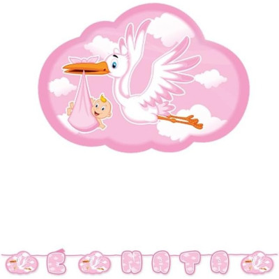 Festone in carta E' NATA Cicogna Rosa - Ghirlanda decorativa nascita bambina