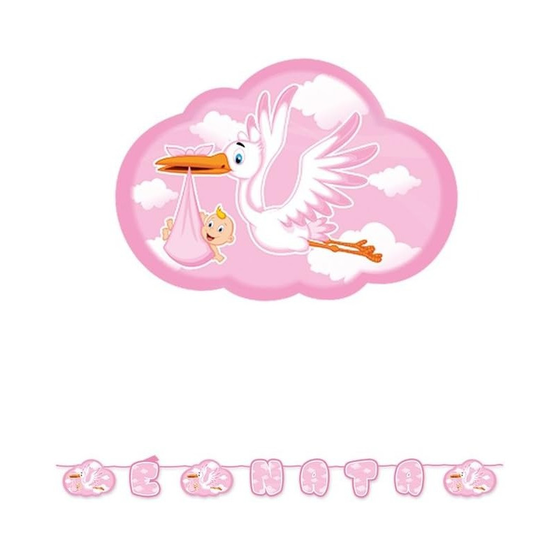 Festone in carta E' NATA Cicogna Rosa - Ghirlanda decorativa nascita bambina