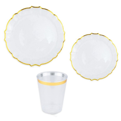 Kit coordinato tavola festa ARABESQUE plastica riutilizzabile trasparente - piatti bicchieri