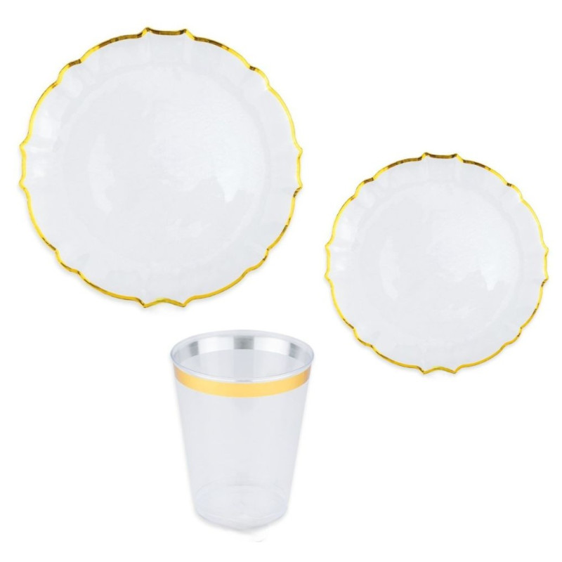 Kit coordinato tavola festa ARABESQUE plastica riutilizzabile trasparente - piatti bicchieri
