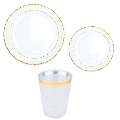 Kit coordinato tavola festa SHIMMER plastica riutilizzabile trasparente - piatti bicchieri