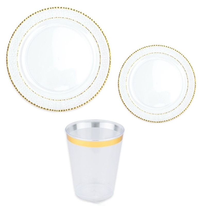 Kit coordinato tavola festa SHIMMER plastica riutilizzabile trasparente - piatti bicchieri