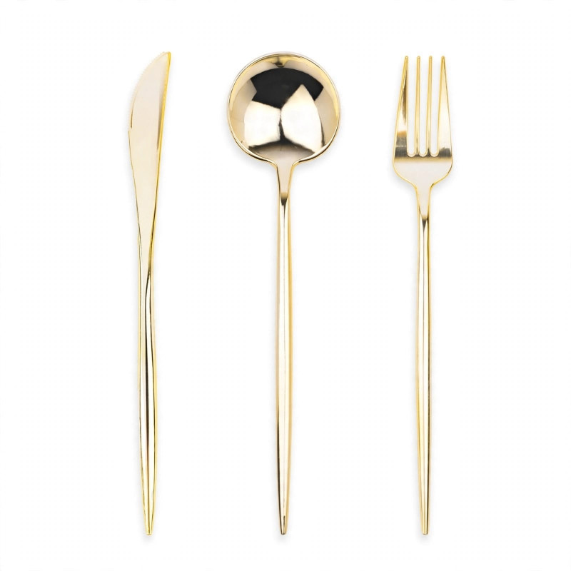 Set 18 pz forchetta, cucchiaio e coltello in plastica riutilizzabile ORO