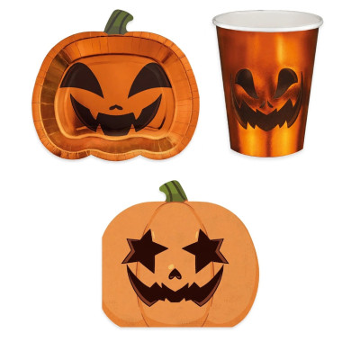 Kit coordinato tavolo HALLOWEEN - tema zucca arancio metal - set piatto bicchiere tovagliolo