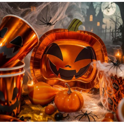 Kit coordinato tavolo HALLOWEEN - tema zucca arancio metal - set piatto bicchiere tovagliolo
