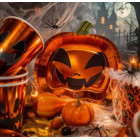 Kit coordinato tavolo HALLOWEEN - tema zucca arancio metal - set piatto bicchiere tovagliolo
