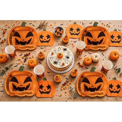 Kit coordinato tavolo HALLOWEEN - tema zucca arancio metal - set piatto bicchiere tovagliolo